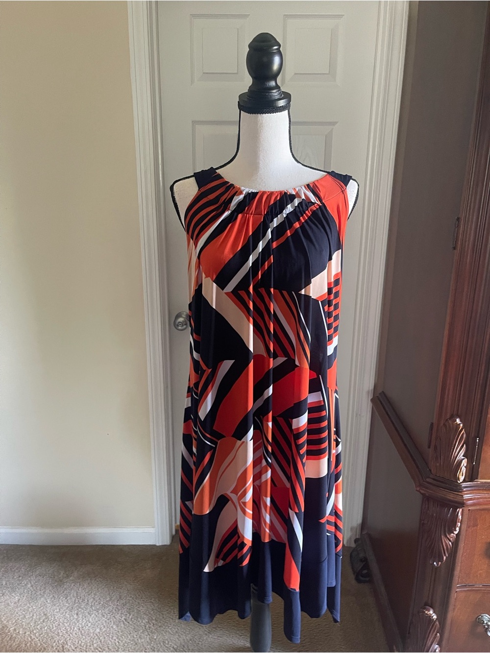 Enfocus Studio Navy, Coral & Cream Asymmetrical Maxi Dress